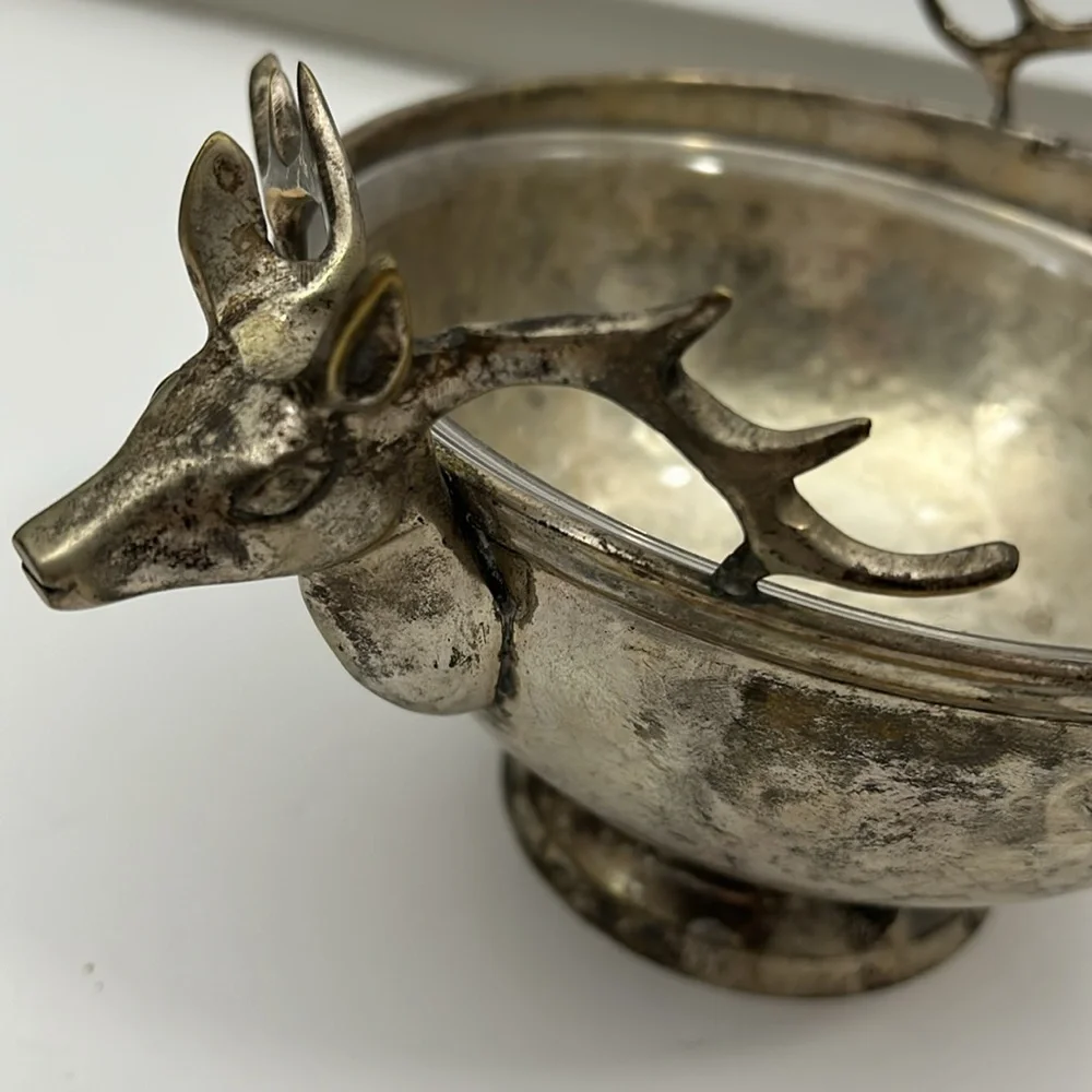 Vintage Silver Plate‎ Hammered Bowl with Stag Handles SKU 1492